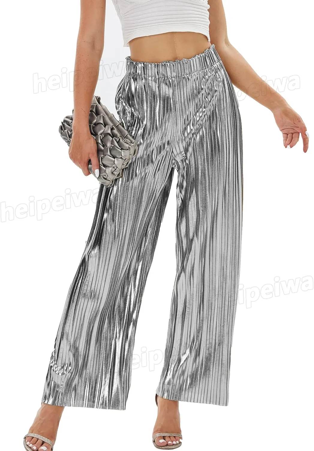 heipeiwa Women's Shiny Pleated Wide Leg Pants Party Nightout High Waist Trouser Folded Lightweight Outfit Clubwear