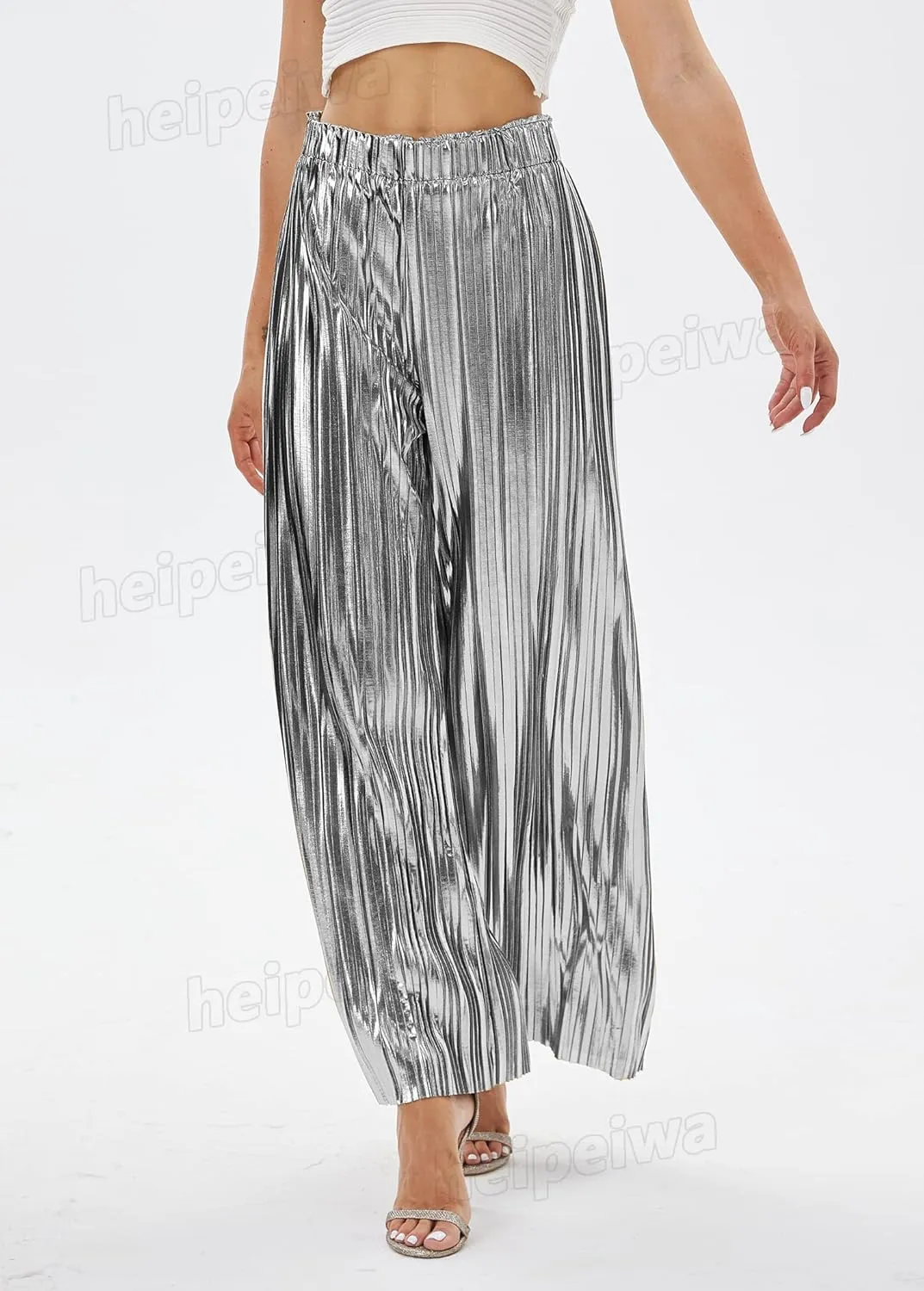 heipeiwa Women's Shiny Pleated Wide Leg Pants Party Nightout High Waist Trouser Folded Lightweight Outfit Clubwear