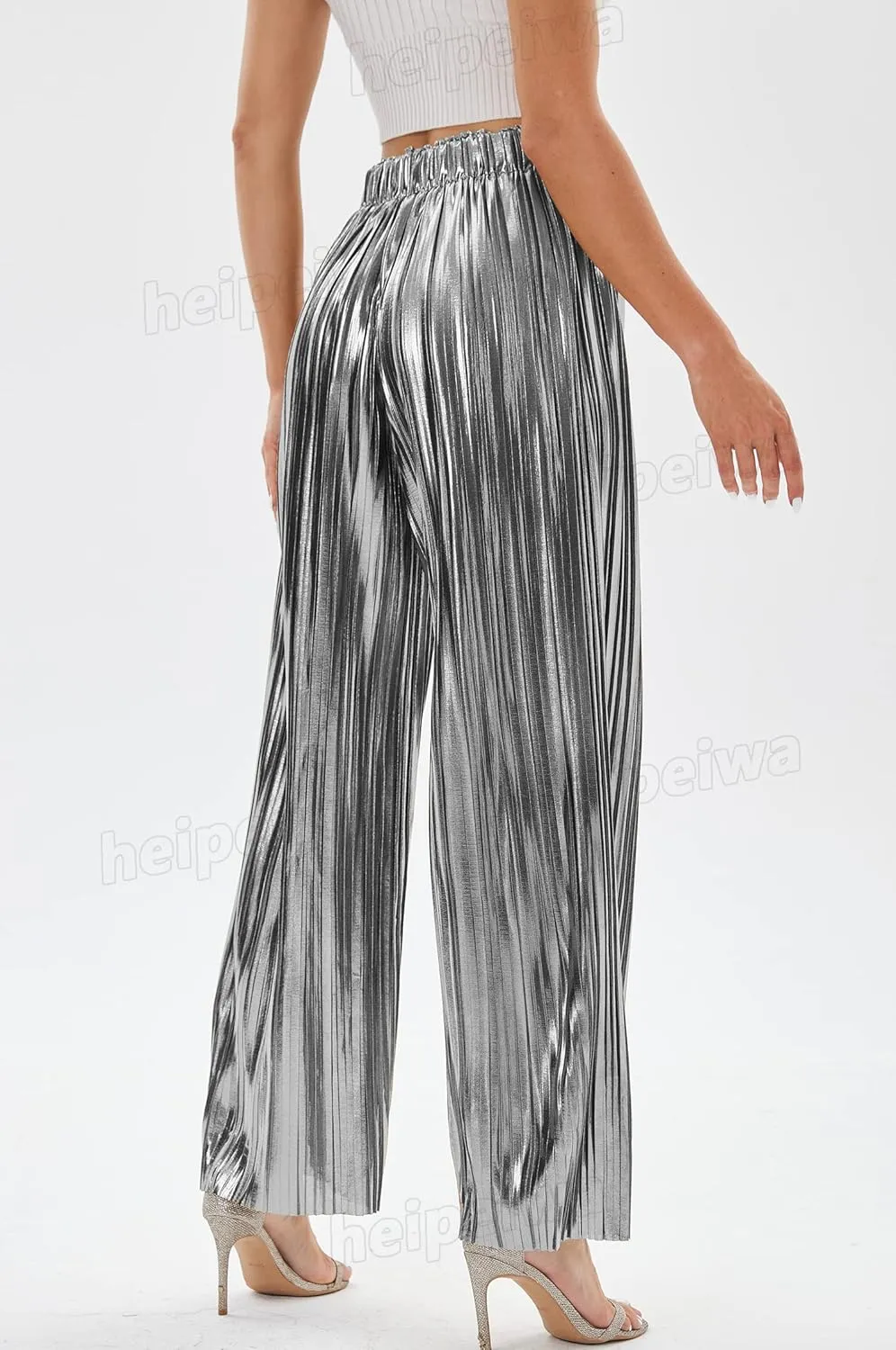 heipeiwa Women's Shiny Pleated Wide Leg Pants Party Nightout High Waist Trouser Folded Lightweight Outfit Clubwear