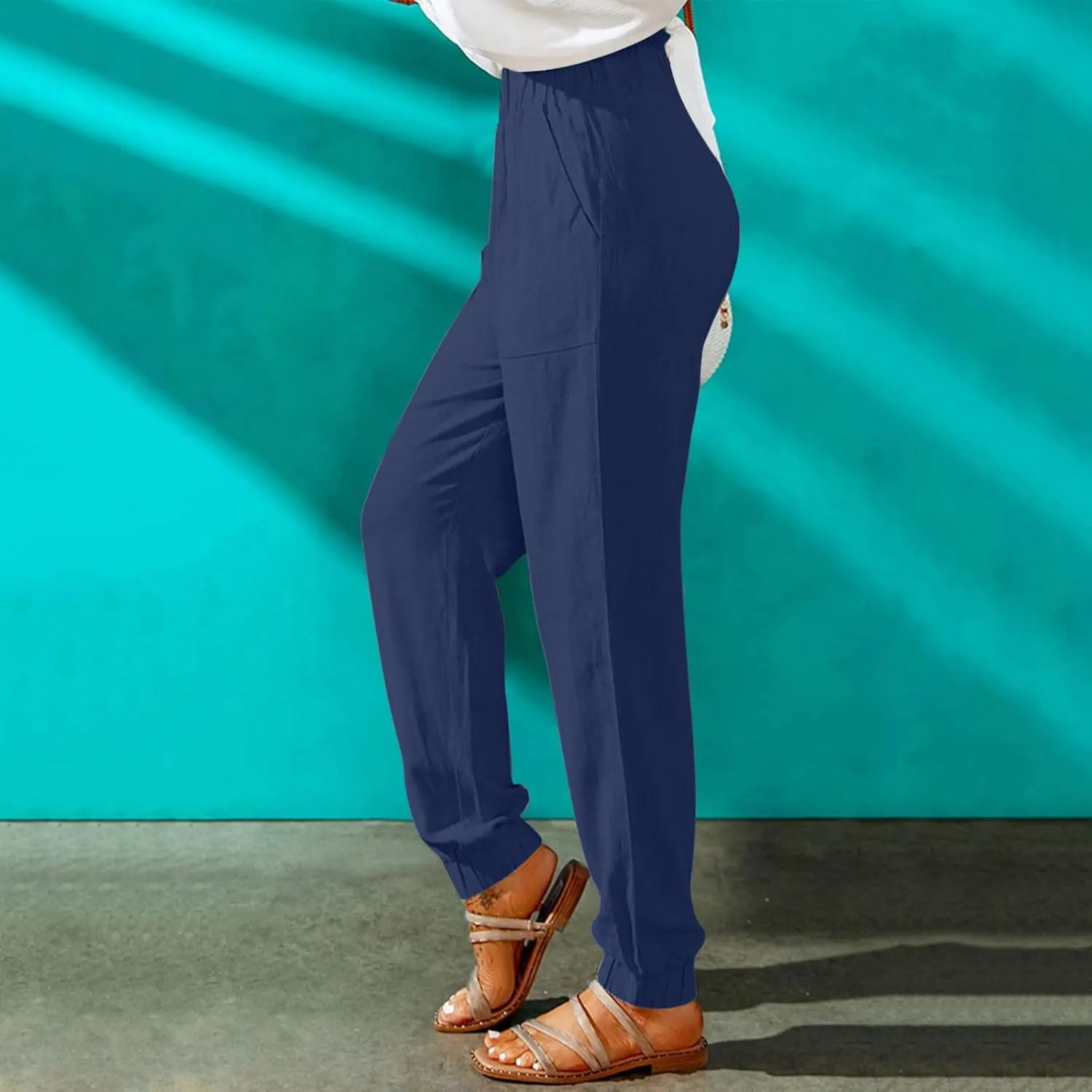 HGps8w Paperbag Summer Linen Pants for Women Elastic High Waist Tapered Pants Business Casual Work Trousers with Pockets