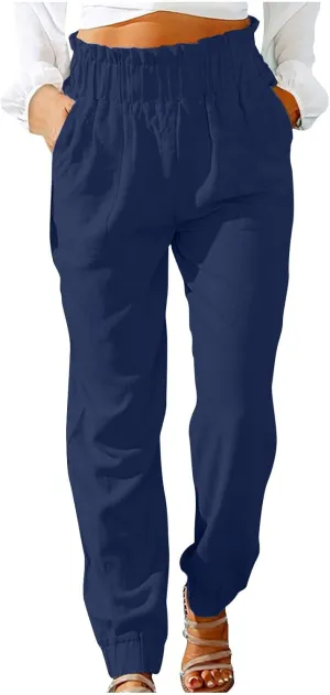 HGps8w Paperbag Summer Linen Pants for Women Elastic High Waist Tapered Pants Business Casual Work Trousers with Pockets