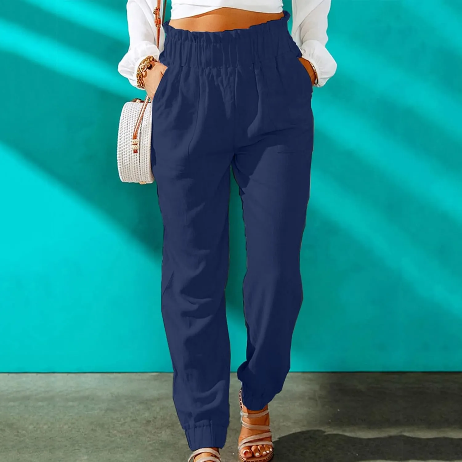 HGps8w Paperbag Summer Linen Pants for Women Elastic High Waist Tapered Pants Business Casual Work Trousers with Pockets