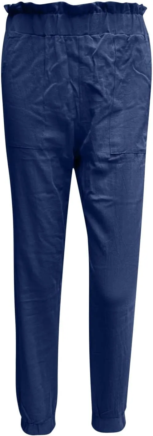 HGps8w Paperbag Summer Linen Pants for Women Elastic High Waist Tapered Pants Business Casual Work Trousers with Pockets