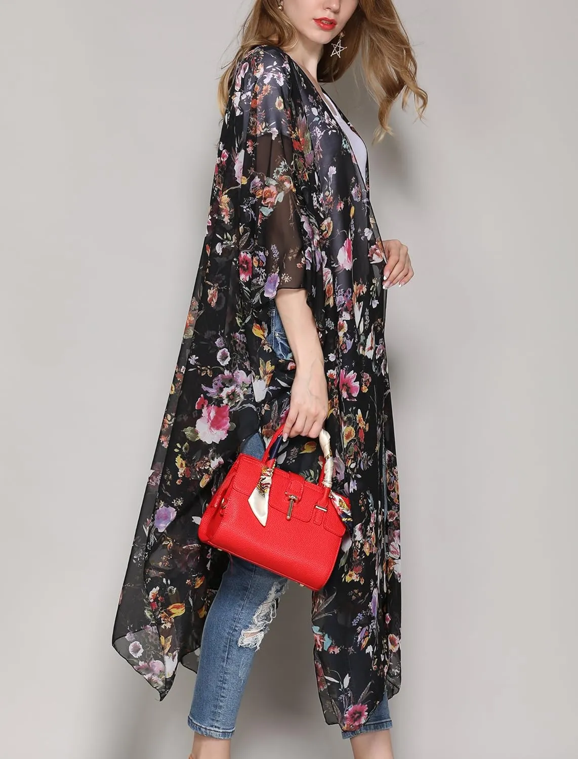 Hibluco Women's Long Floral Kimono Printed Cardigan Sheer Swimsuit Cover Ups