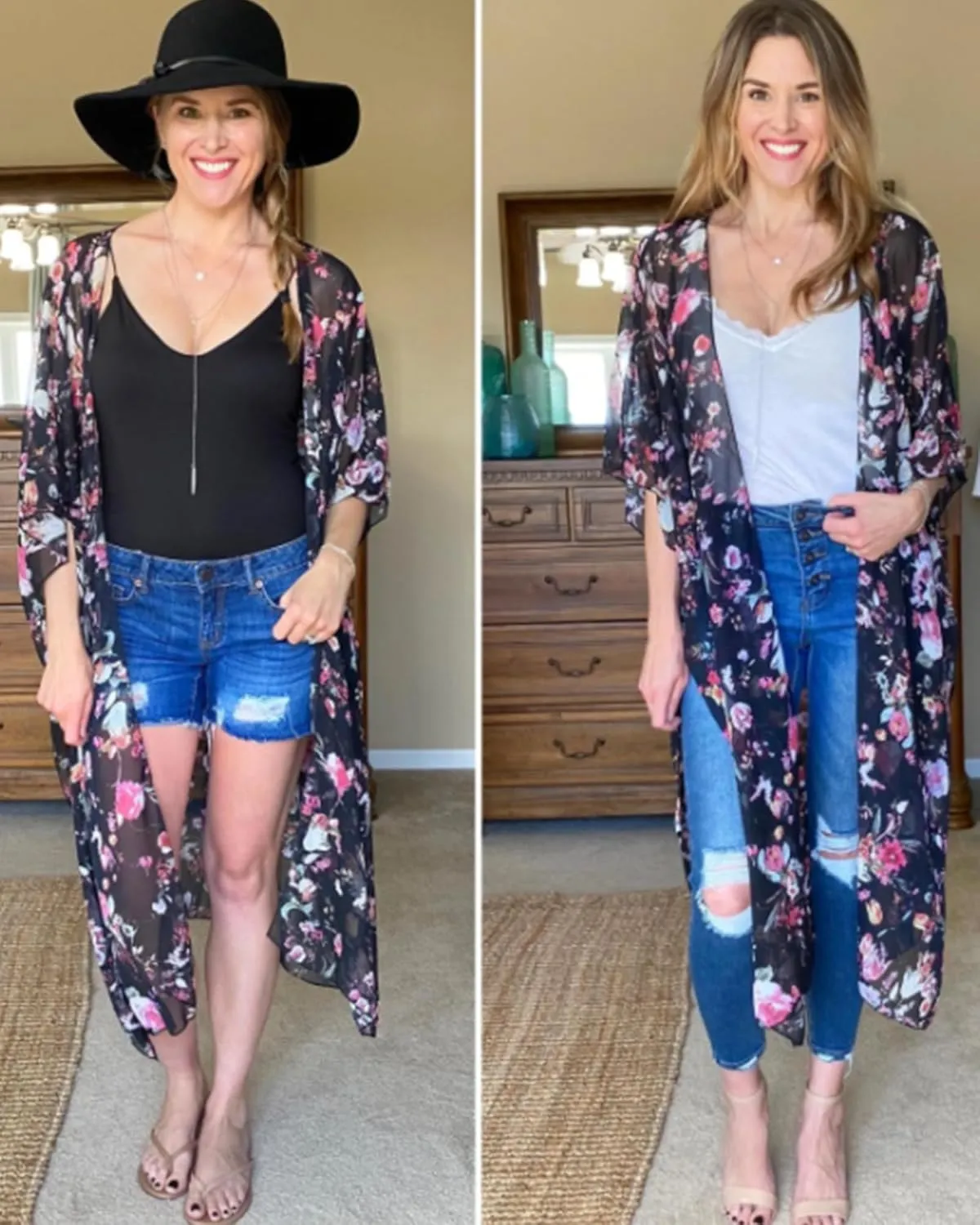 Hibluco Women's Long Floral Kimono Printed Cardigan Sheer Swimsuit Cover Ups