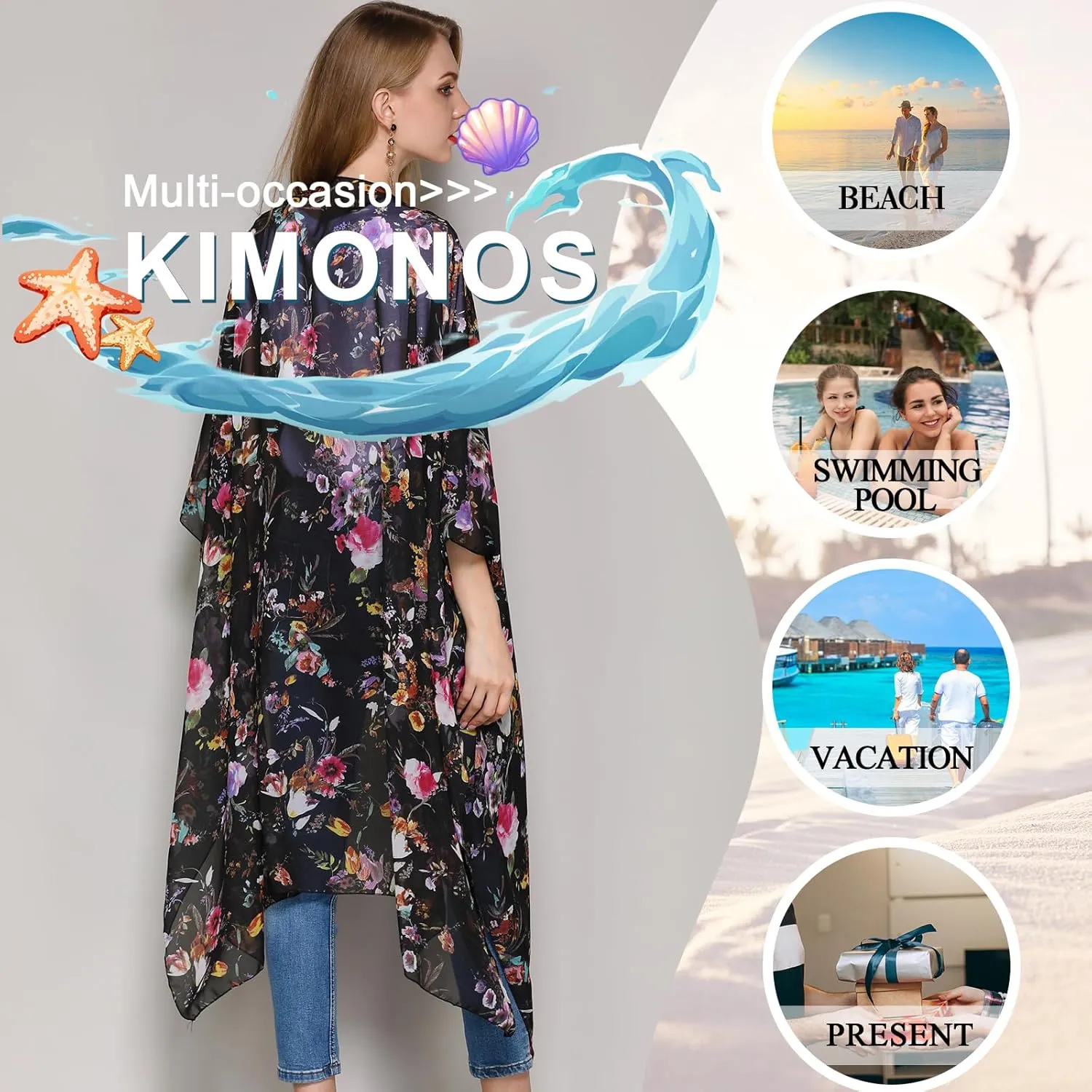 Hibluco Women's Long Floral Kimono Printed Cardigan Sheer Swimsuit Cover Ups