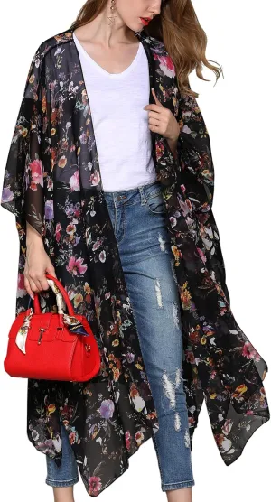 Hibluco Women's Long Floral Kimono Printed Cardigan Sheer Swimsuit Cover Ups