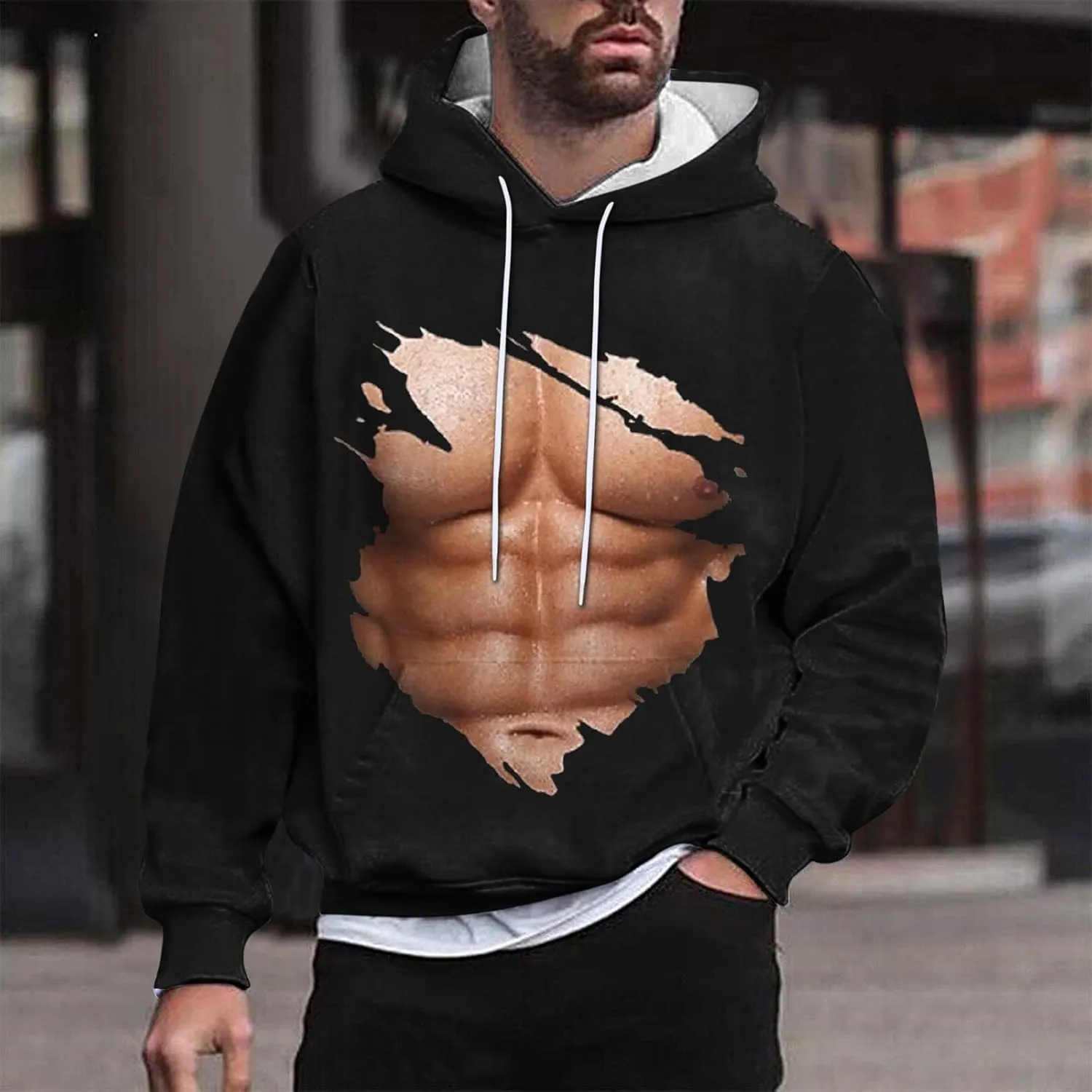 Hoodies for Men Pullover Mens Workout Muscle Print Hooded Sweatshirts Causal Loose Drawstring Long Sleeve Shirts