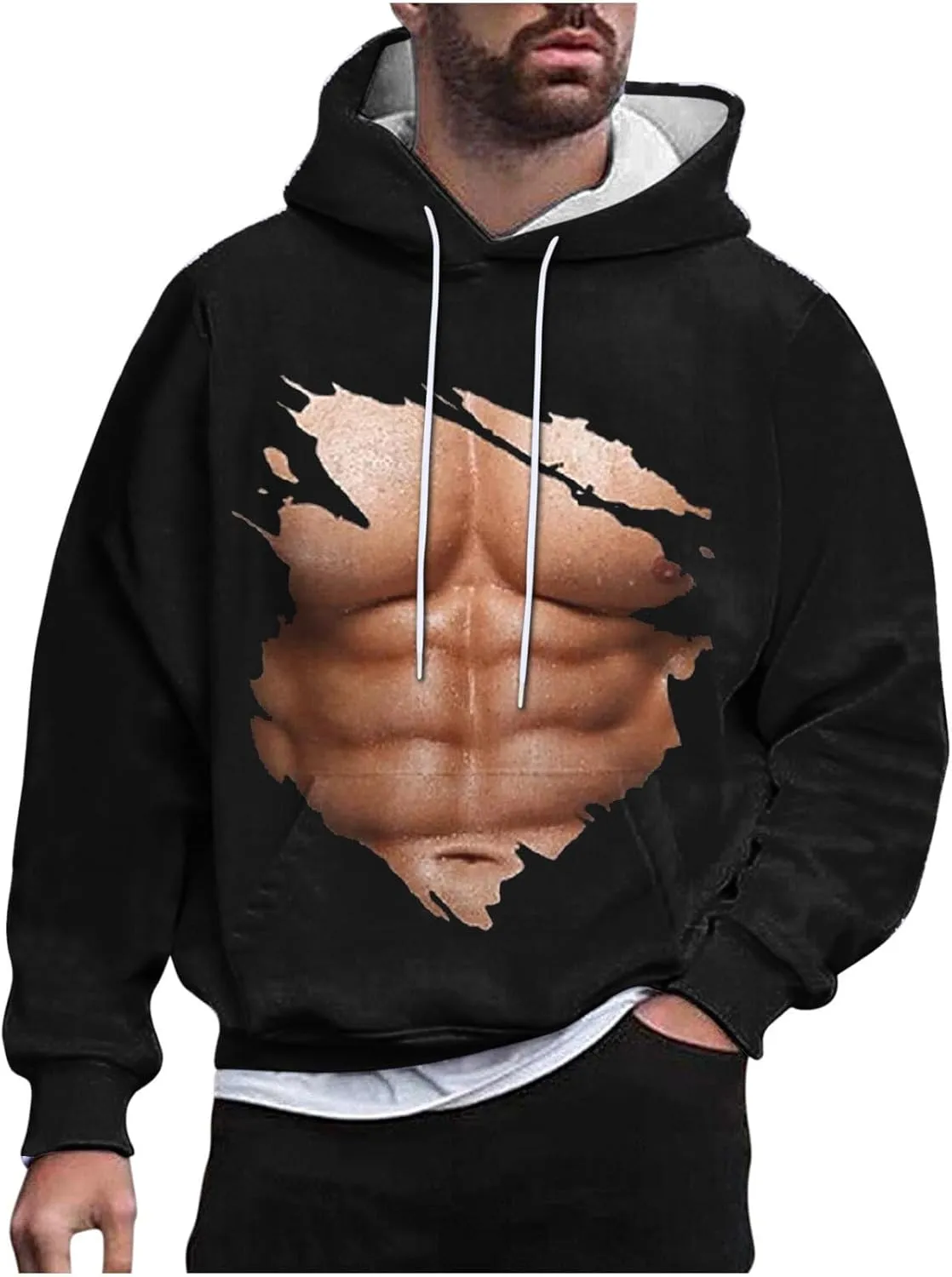 Hoodies for Men Pullover Mens Workout Muscle Print Hooded Sweatshirts Causal Loose Drawstring Long Sleeve Shirts