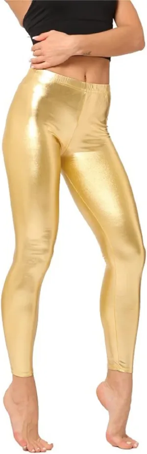 Hupplle Women's Shiny Metallic Leggings Faux Leather Stretch Mid-Waisted Pants for Clubwear Outfit Theme Party Costume