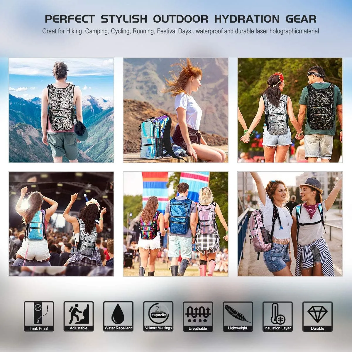 Hydration Backpack Pack, Water Backpack 20L Capacities Included 2L Hydration Bladder, Festival Essential - Rave Hydration Pack Hydropack Hydro for Hiking, Running, Biking, Festival Gear