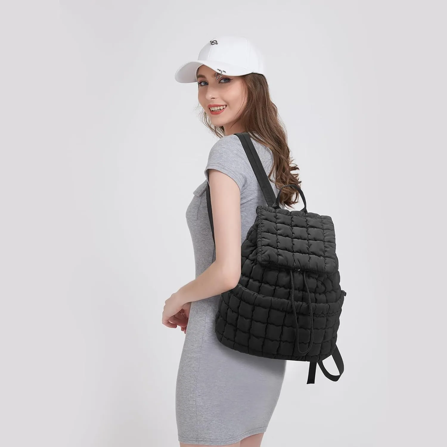 I IHAYNER Quilted Backpack Lightweight Puffer Backpack for Women Drawstring Padding Puffy Travel Daypacks Gym Bag for Ladies Black