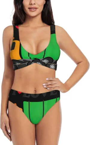 I Love Garbage Trucks Print Bikini Set for Women, Sexy Bikini Swimsuits Two Piece Swimsuits V Neck Bathing Suits