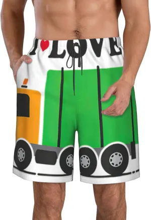 I Love Garbage Trucks Print Men's Beach Shorts,Stylish Swim Trunks for Men,Board Shorts for Surfing and Everyday Wear