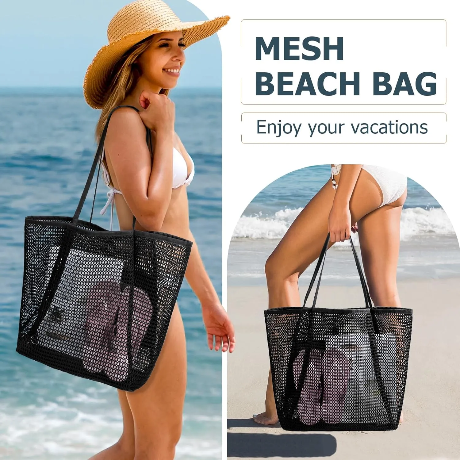 Iioscre Mesh Beach Tote Bags for Womens, Causal Hobo Pool Bags for Swimming Pools Vacations Beach Essentials