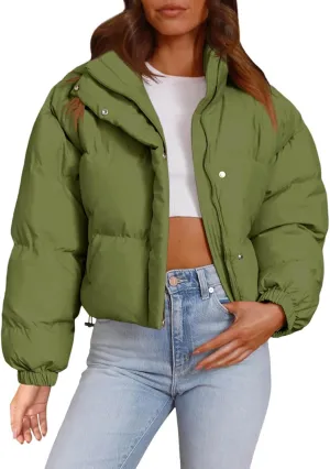 Imily Bela Womens Cropped Puffer Jackets Long Sleeve Stand Collar Coats Quilted Zipper Outerwear