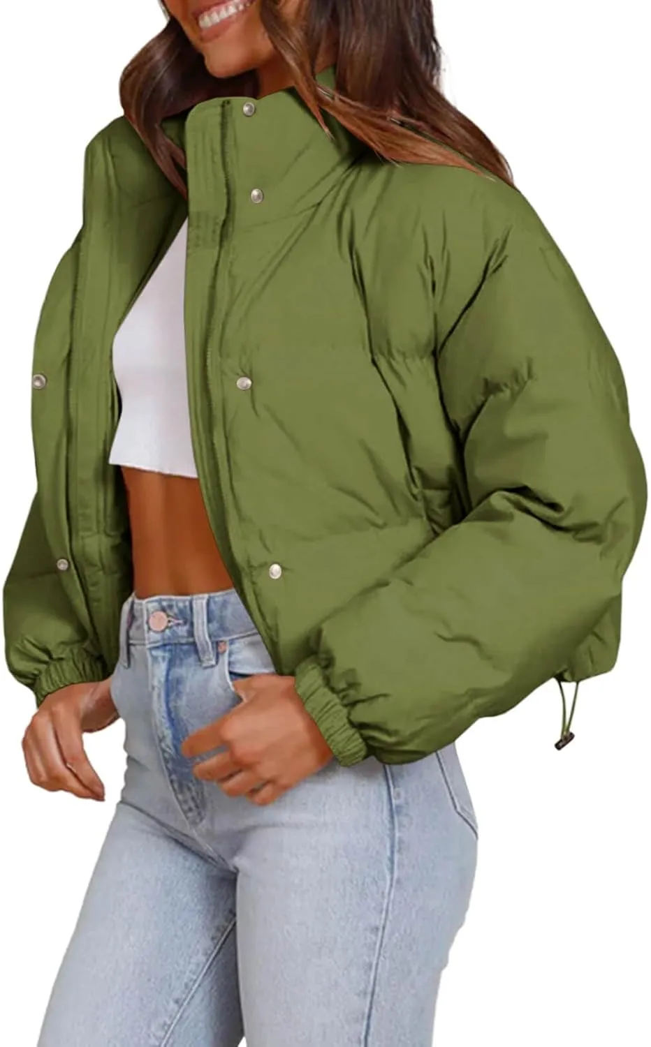 Imily Bela Womens Cropped Puffer Jackets Long Sleeve Stand Collar Coats Quilted Zipper Outerwear