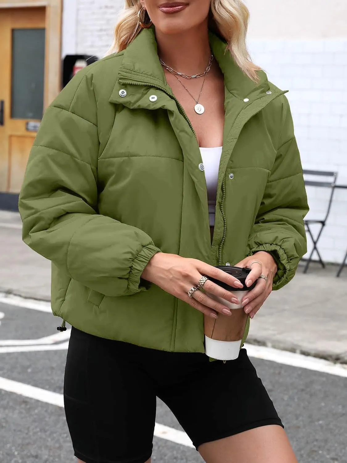 Imily Bela Womens Cropped Puffer Jackets Long Sleeve Stand Collar Coats Quilted Zipper Outerwear