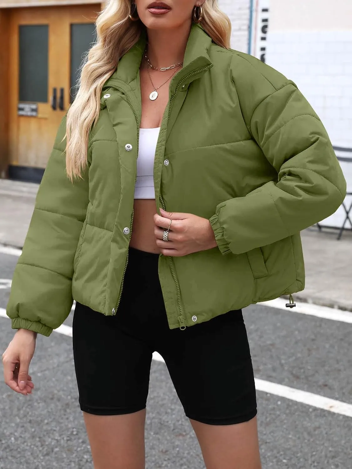 Imily Bela Womens Cropped Puffer Jackets Long Sleeve Stand Collar Coats Quilted Zipper Outerwear