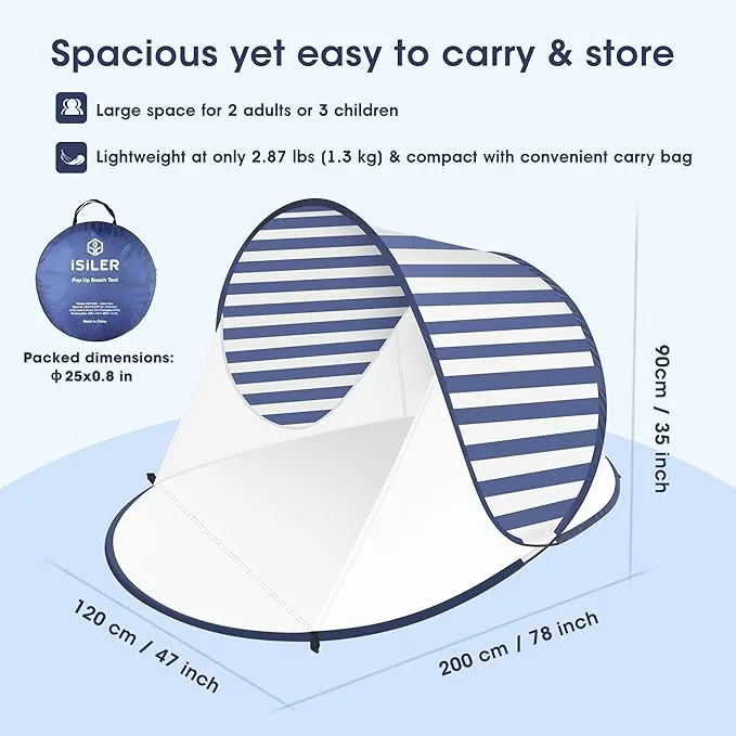 ISILER Pop Up Beach Tent, Portable Outdoor Beach Shade Tent, UPF 50  Baby Beach Shelter, Easy Setup Windproof Waterproof Beach Canopy