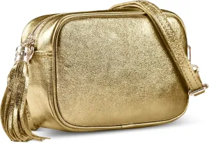 Italian Genuine Metallic Suede Leather Crossbody Bag for Women with Tassel | Small Camera Purse Shoulder Handbag Pocketbook