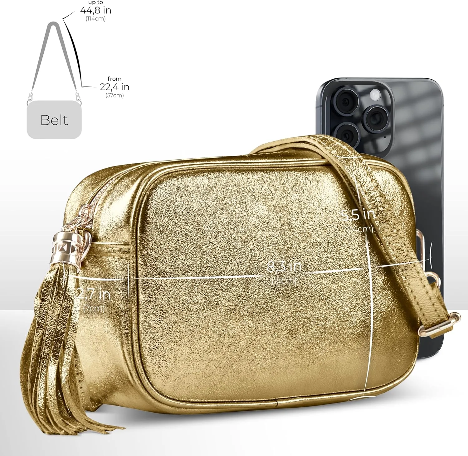 Italian Genuine Metallic Suede Leather Crossbody Bag for Women with Tassel | Small Camera Purse Shoulder Handbag Pocketbook
