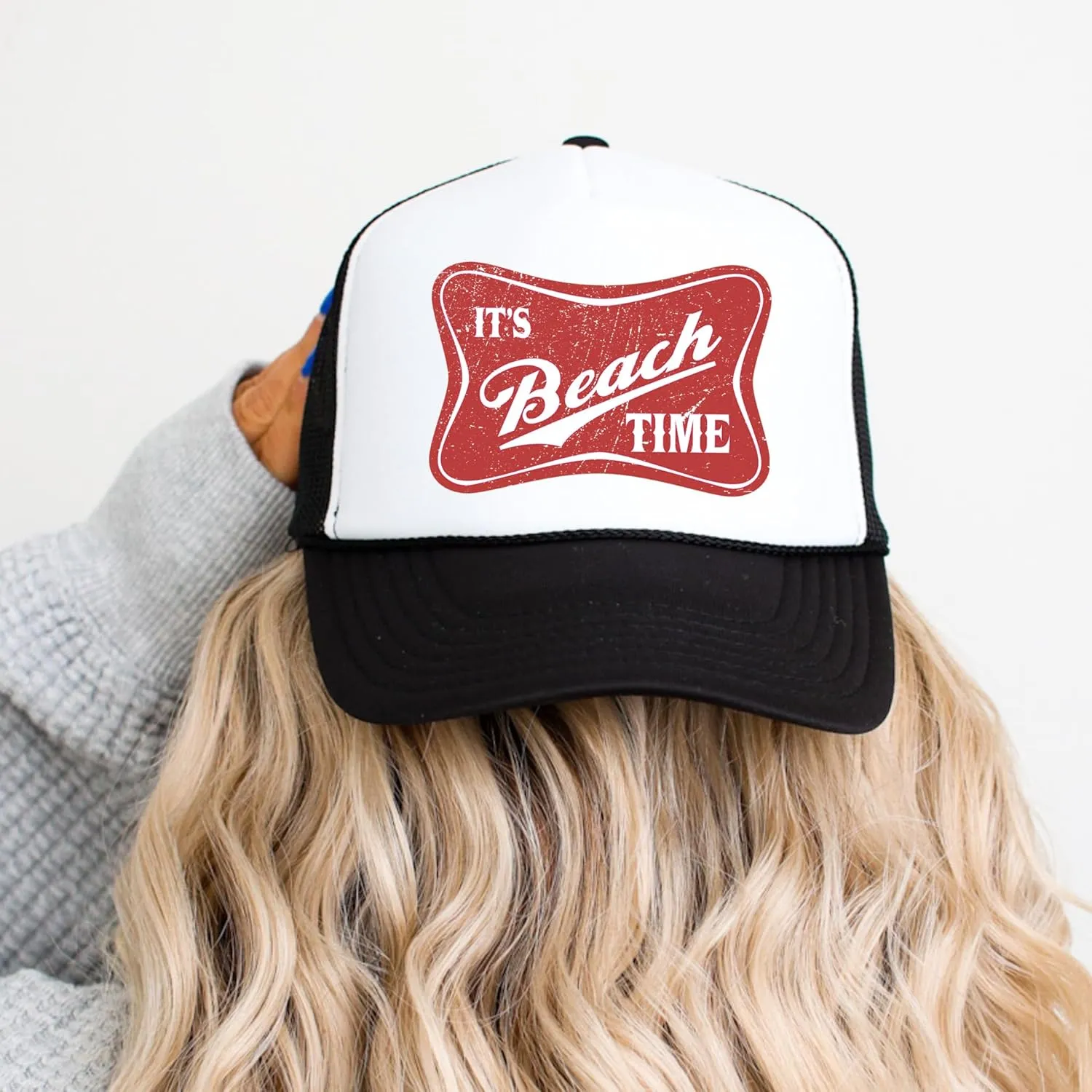 It's Beach Time Vintage Summer Classic 5 Panel Mesh Foam Front Trucker Hat Snap Back