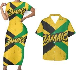 Jamaican 2 Piece Set Couple Outfits Women Jamaica Flag Short Sleeve Skinny Slim Dress Men's Shirt