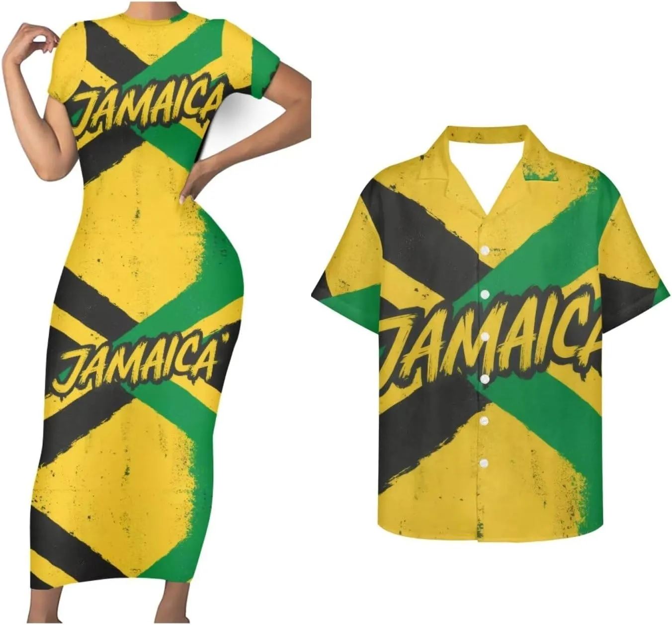 Jamaican 2 Piece Set Couple Outfits Women Jamaica Flag Short Sleeve Skinny Slim Dress Men's Shirt