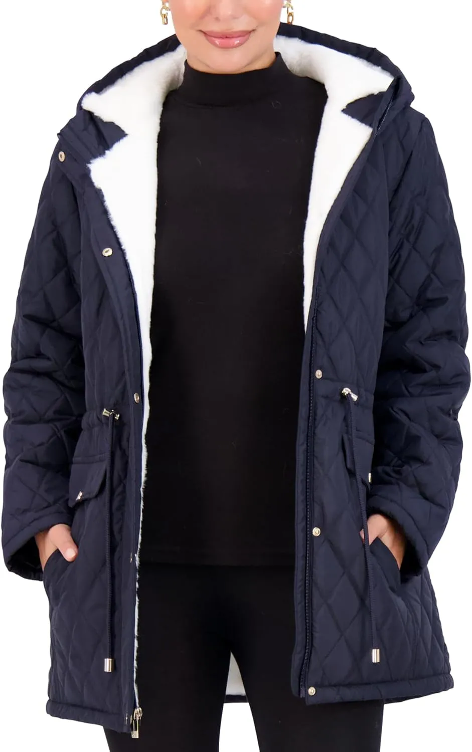 Jones NY Diamond-Quilted Jacket Anorak with Fur Lining - Winter Coats for Women, Black