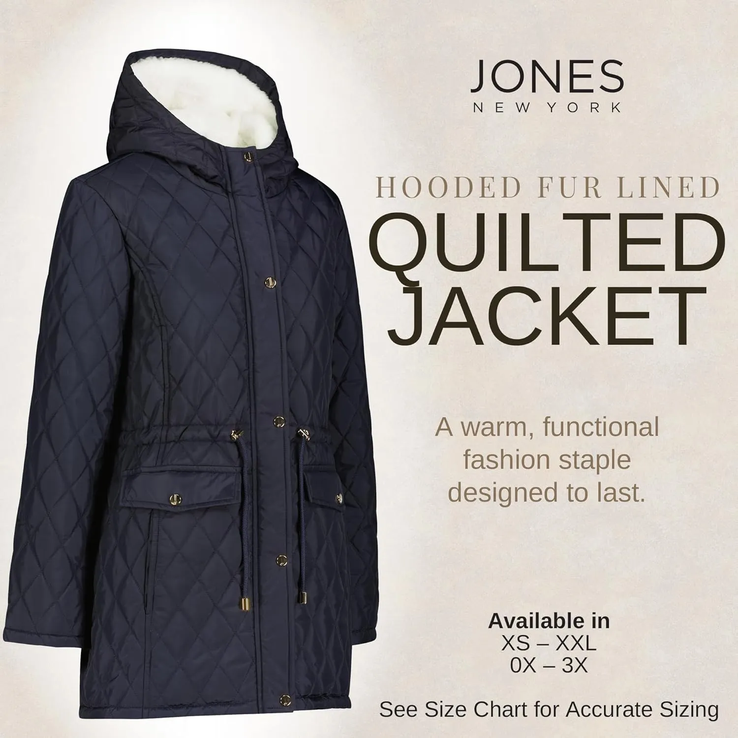 Jones NY Diamond-Quilted Jacket Anorak with Fur Lining - Winter Coats for Women, Black
