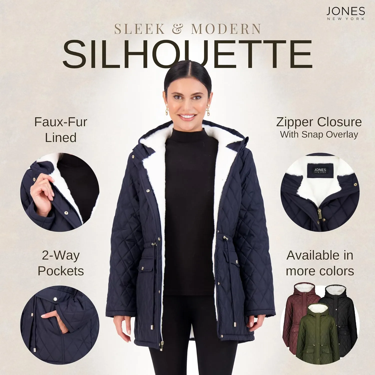 Jones NY Diamond-Quilted Jacket Anorak with Fur Lining - Winter Coats for Women, Black