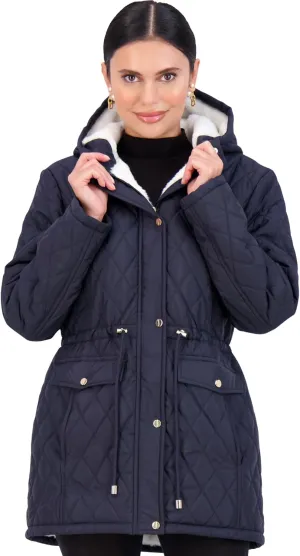 Jones NY Diamond-Quilted Jacket Anorak with Fur Lining - Winter Coats for Women, Black