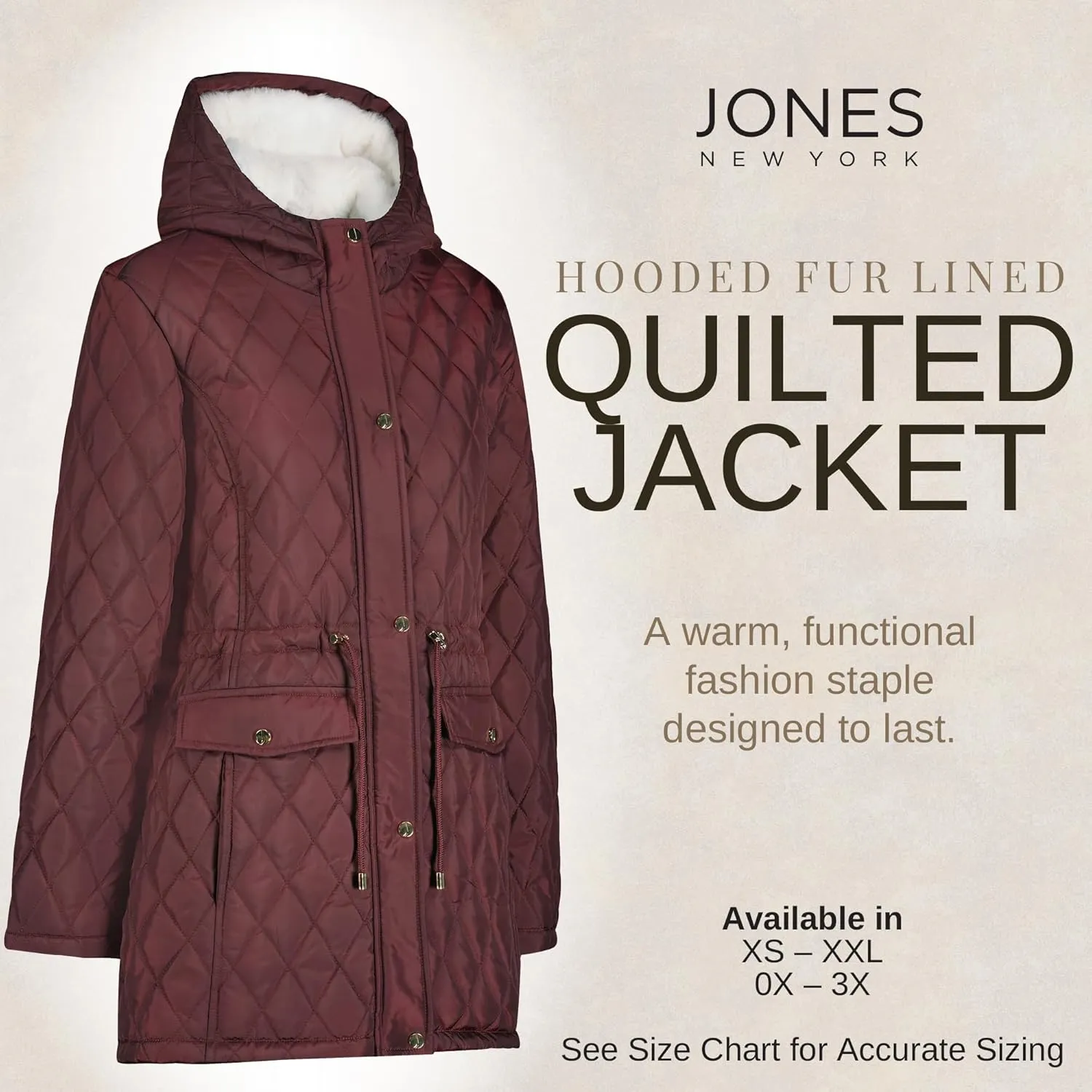 Jones NY Diamond-Quilted Jacket Anorak with Fur Lining - Winter Coats for Women, Black