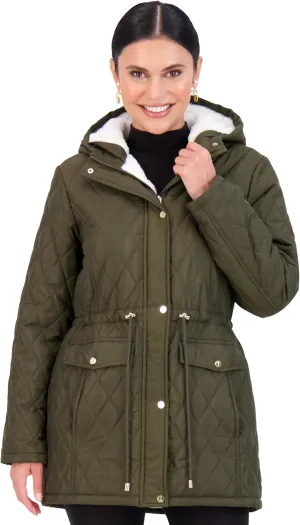Jones NY Diamond-Quilted Jacket Anorak with Fur Lining - Winter Coats for Women, Black