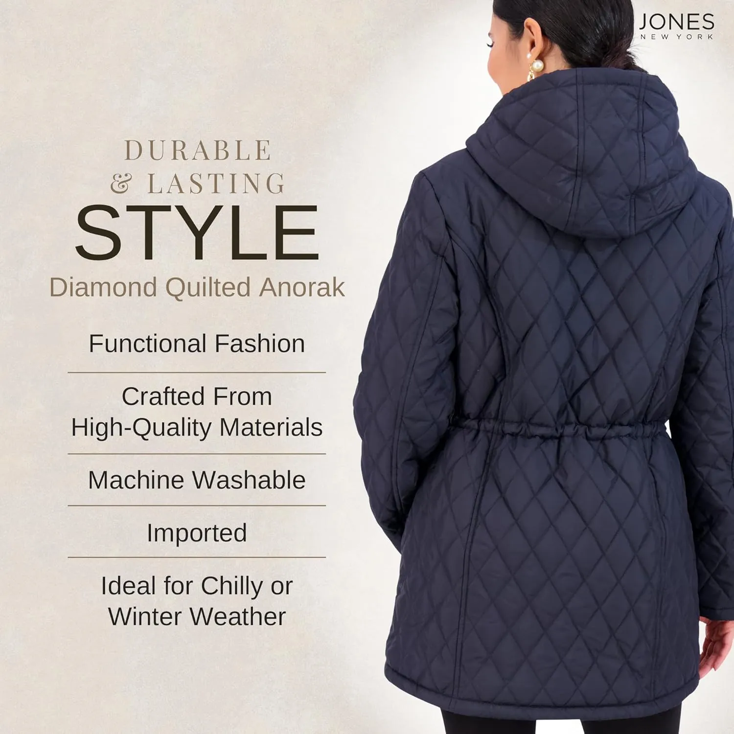 Jones NY Diamond-Quilted Jacket Anorak with Fur Lining - Winter Coats for Women, Black