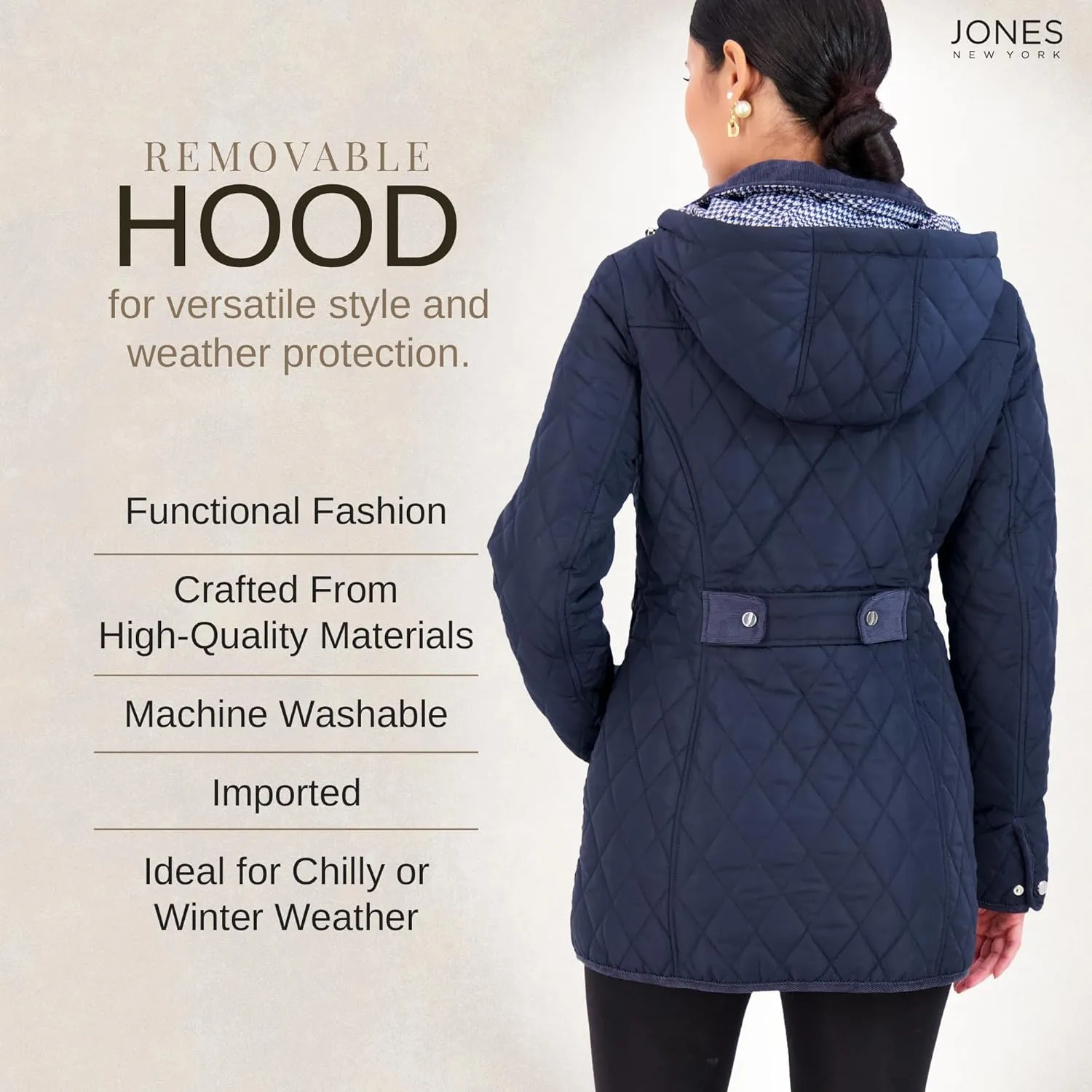 Jones NY Mid-Length Womens Quilted Jacket with Pockets - Winter Coats for Women, Black