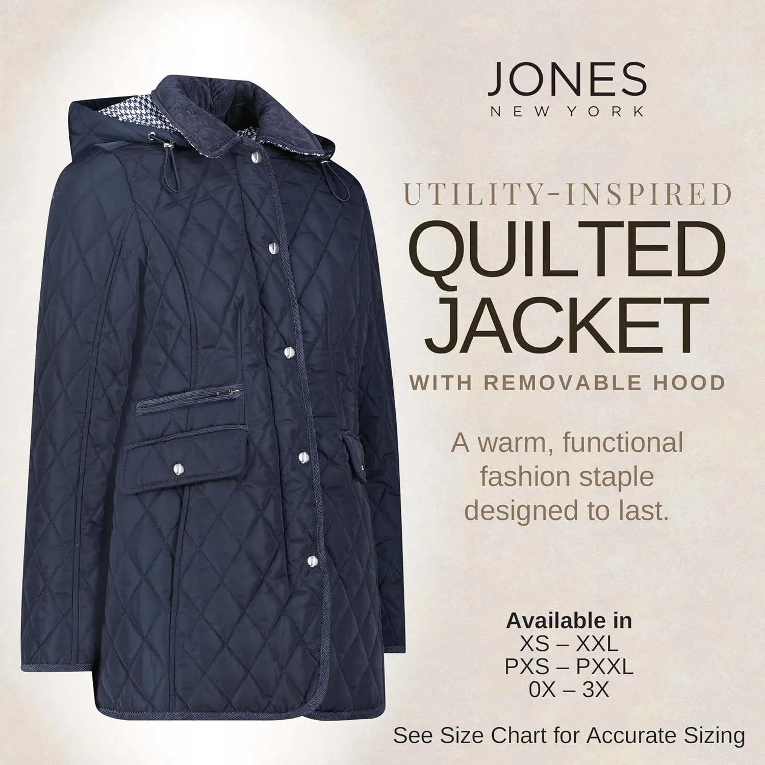 Jones NY Mid-Length Womens Quilted Jacket with Pockets - Winter Coats for Women, Black