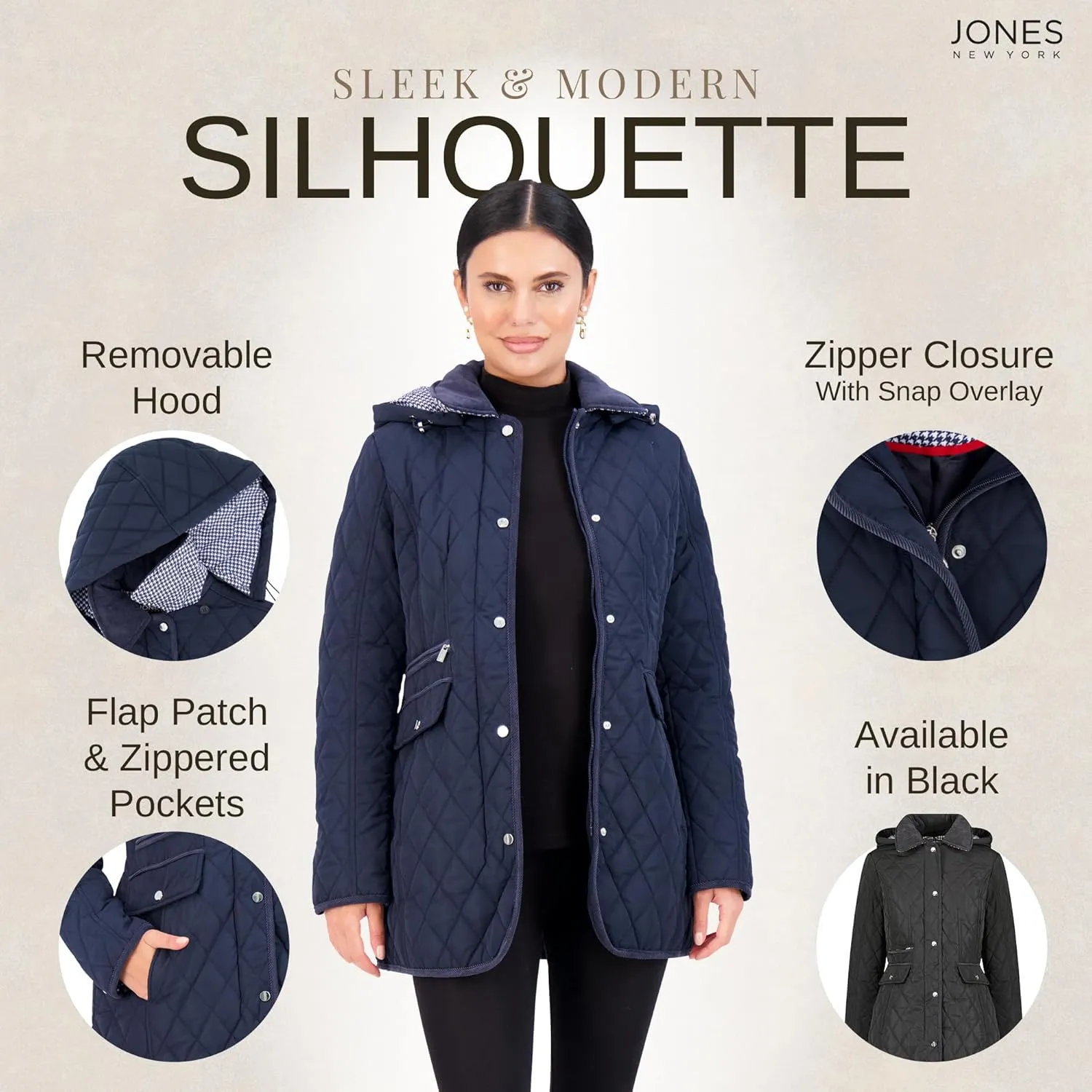 Jones NY Mid-Length Womens Quilted Jacket with Pockets - Winter Coats for Women, Black