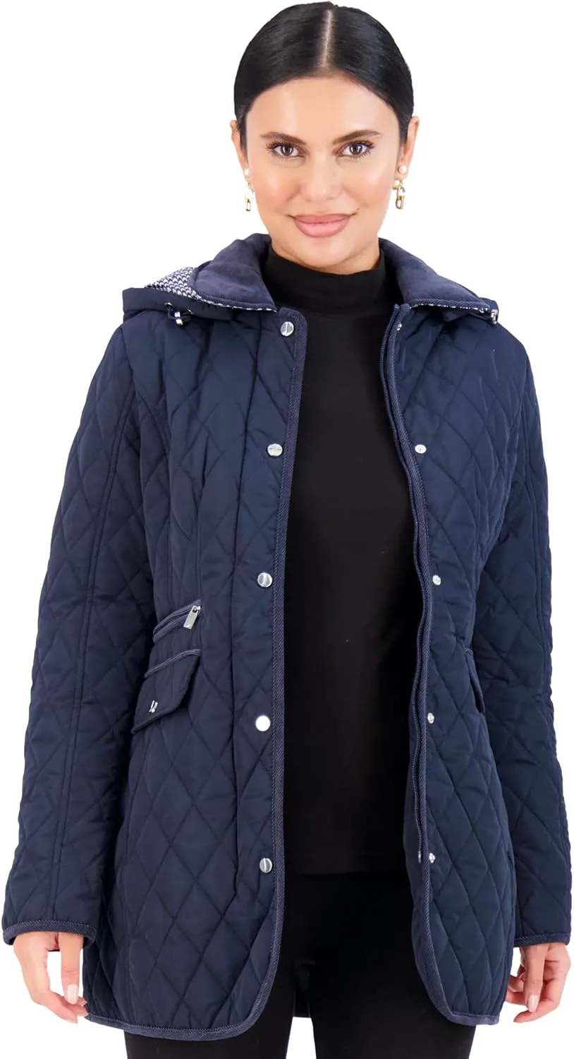 Jones NY Mid-Length Womens Quilted Jacket with Pockets - Winter Coats for Women, Black