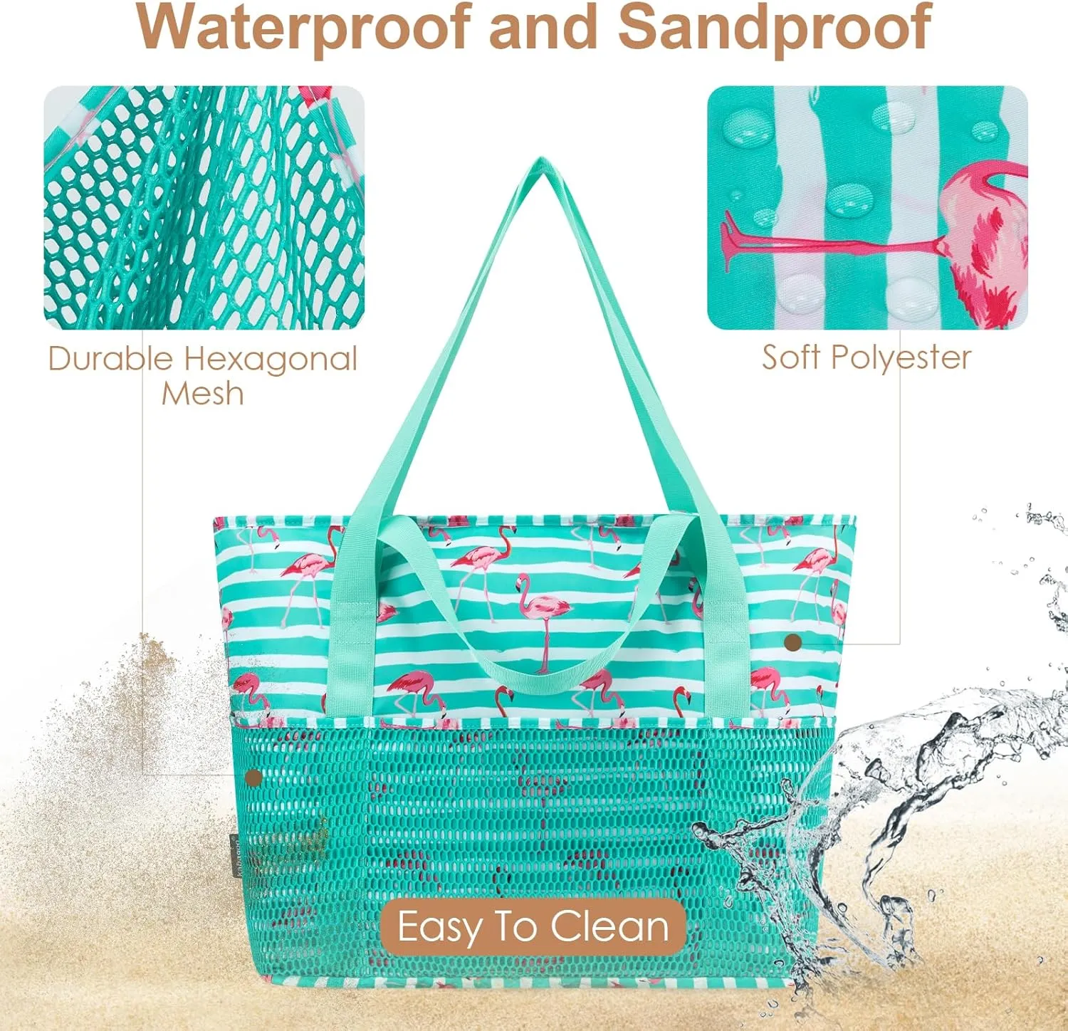 KABAQOO Large Beach Bag Waterproof Sandproof Tote Bag for Women with Zipper & Mesh Pockets for Pool Swim Travel Everyday