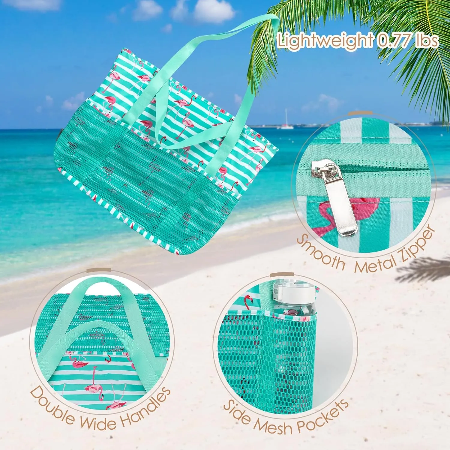 KABAQOO Large Beach Bag Waterproof Sandproof Tote Bag for Women with Zipper & Mesh Pockets for Pool Swim Travel Everyday