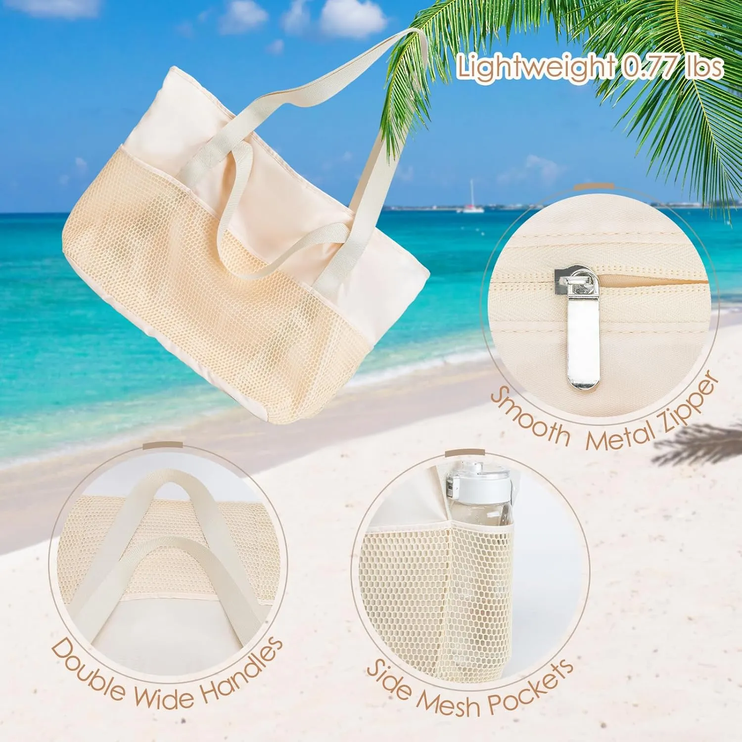 KABAQOO Large Beach Bag Waterproof Sandproof Tote Bag for Women with Zipper & Mesh Pockets for Pool Swim Travel Everyday