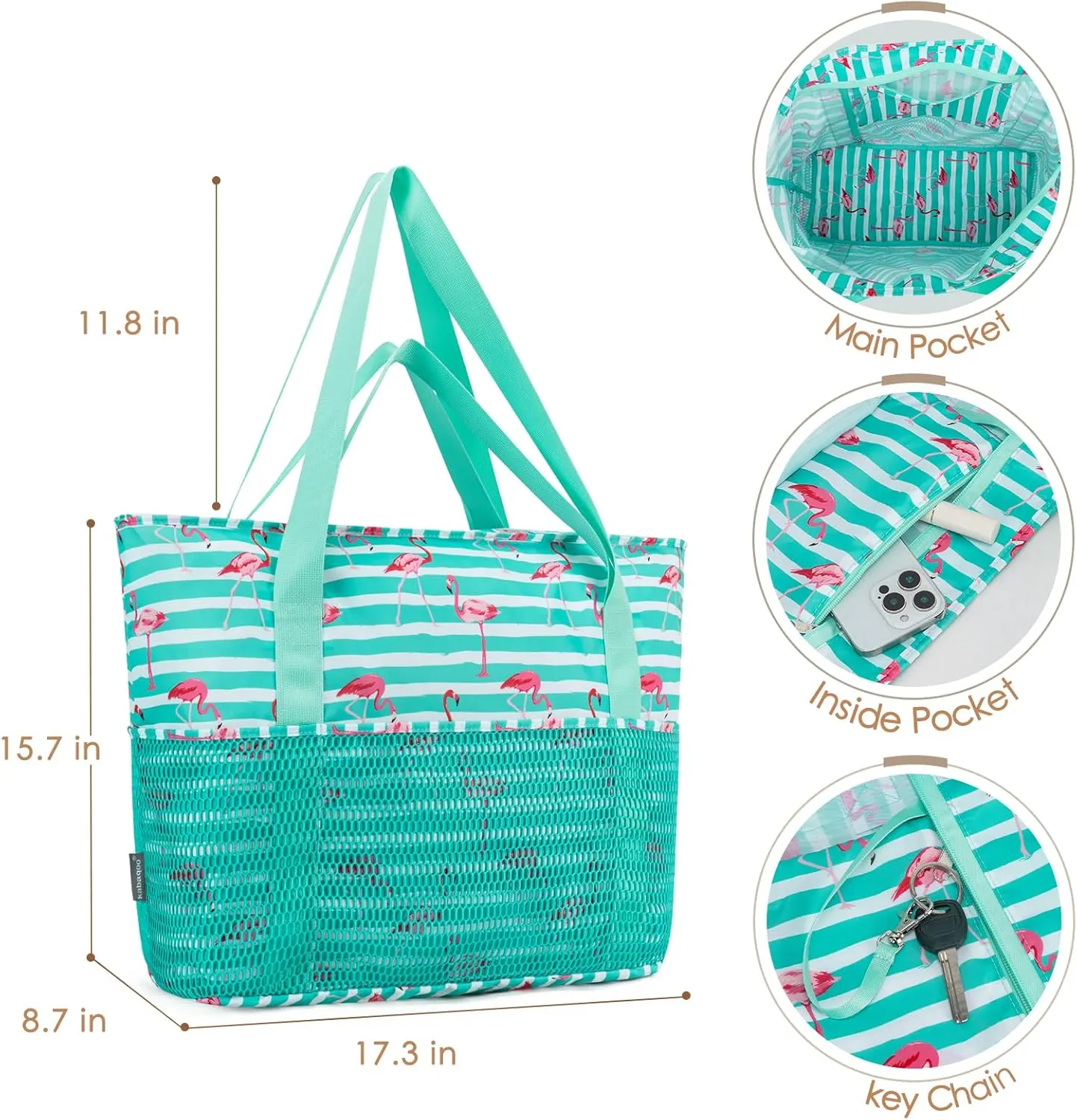 KABAQOO Large Beach Bag Waterproof Sandproof Tote Bag for Women with Zipper & Mesh Pockets for Pool Swim Travel Everyday