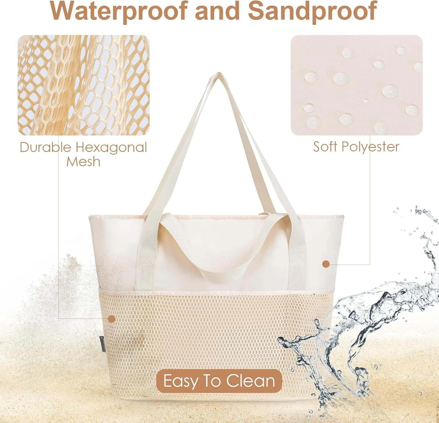 KABAQOO Large Beach Bag Waterproof Sandproof Tote Bag for Women with Zipper & Mesh Pockets for Pool Swim Travel Everyday