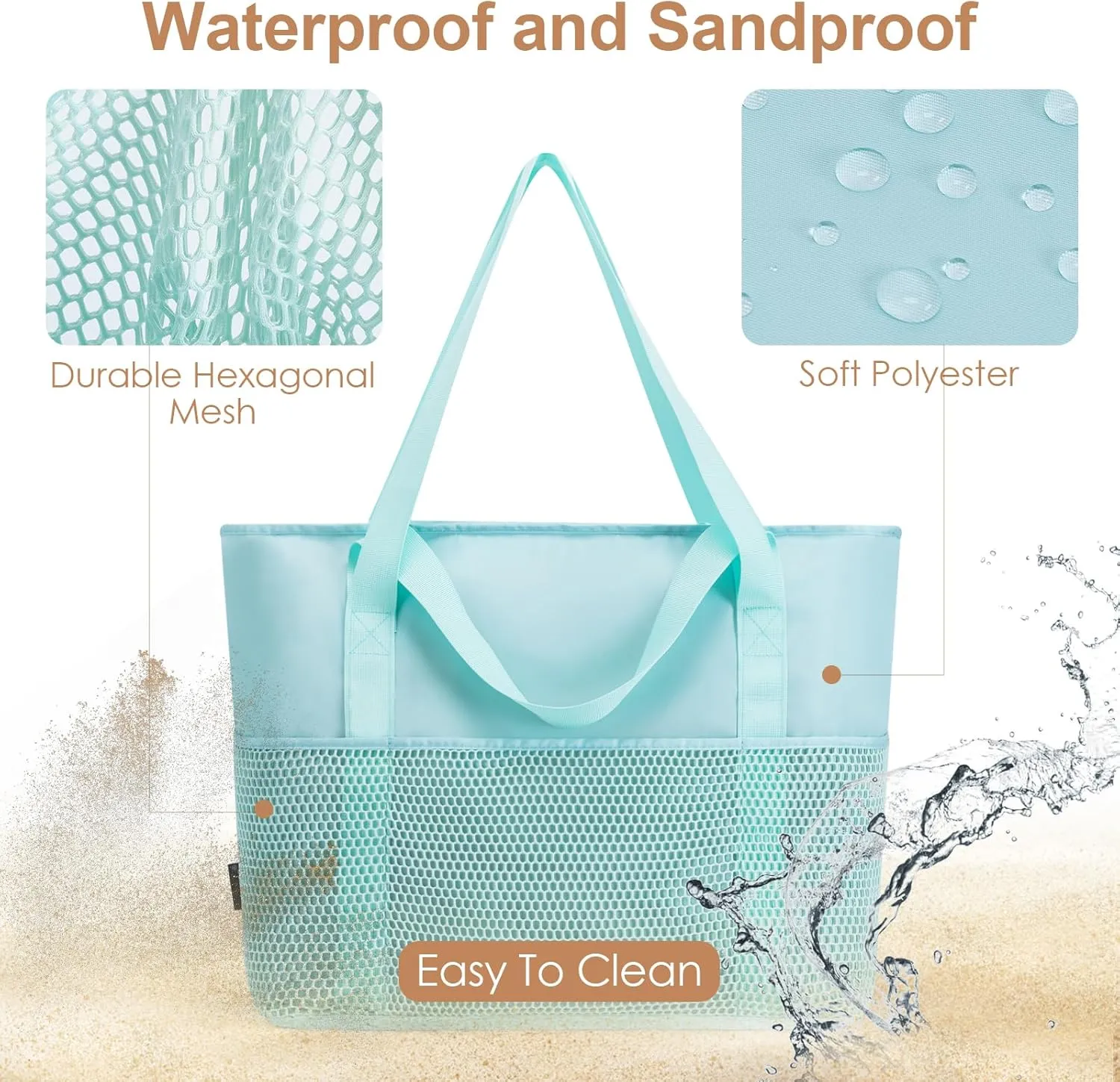 KABAQOO Large Beach Bag Waterproof Sandproof Tote Bag for Women with Zipper & Mesh Pockets for Pool Swim Travel Everyday