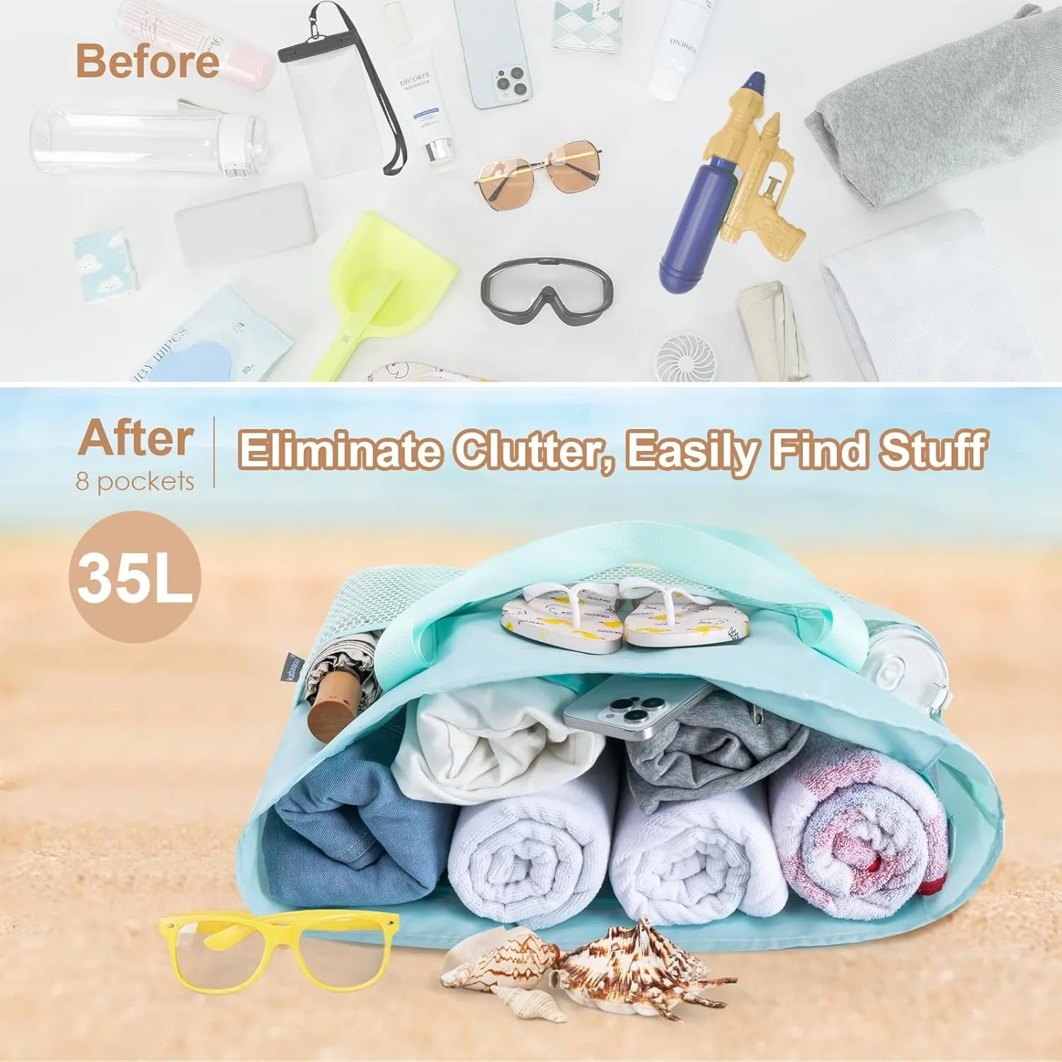 KABAQOO Large Beach Bag Waterproof Sandproof Tote Bag for Women with Zipper & Mesh Pockets for Pool Swim Travel Everyday