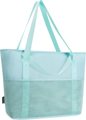 KABAQOO Large Beach Bag Waterproof Sandproof Tote Bag for Women with Zipper & Mesh Pockets for Pool Swim Travel Everyday