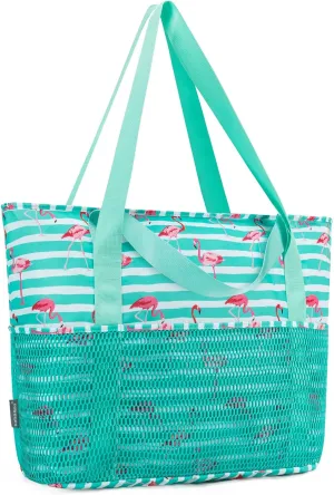 KABAQOO Large Beach Bag Waterproof Sandproof Tote Bag for Women with Zipper & Mesh Pockets for Pool Swim Travel Everyday