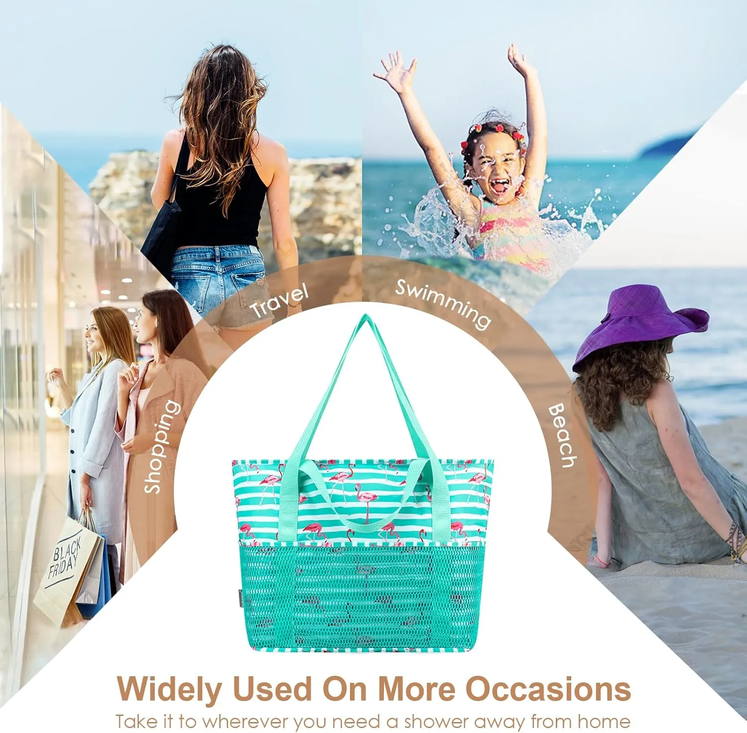 KABAQOO Large Beach Bag Waterproof Sandproof Tote Bag for Women with Zipper & Mesh Pockets for Pool Swim Travel Everyday